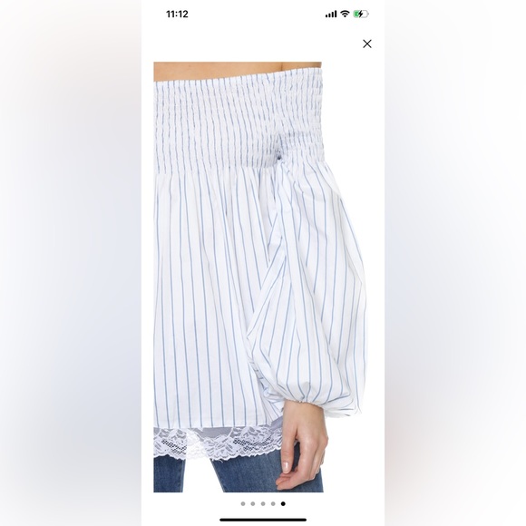 MLM Made For You Womens XS White Blue Stripe Off Shoulder Balloon Sleeve Blouse - Picture 5 of 10